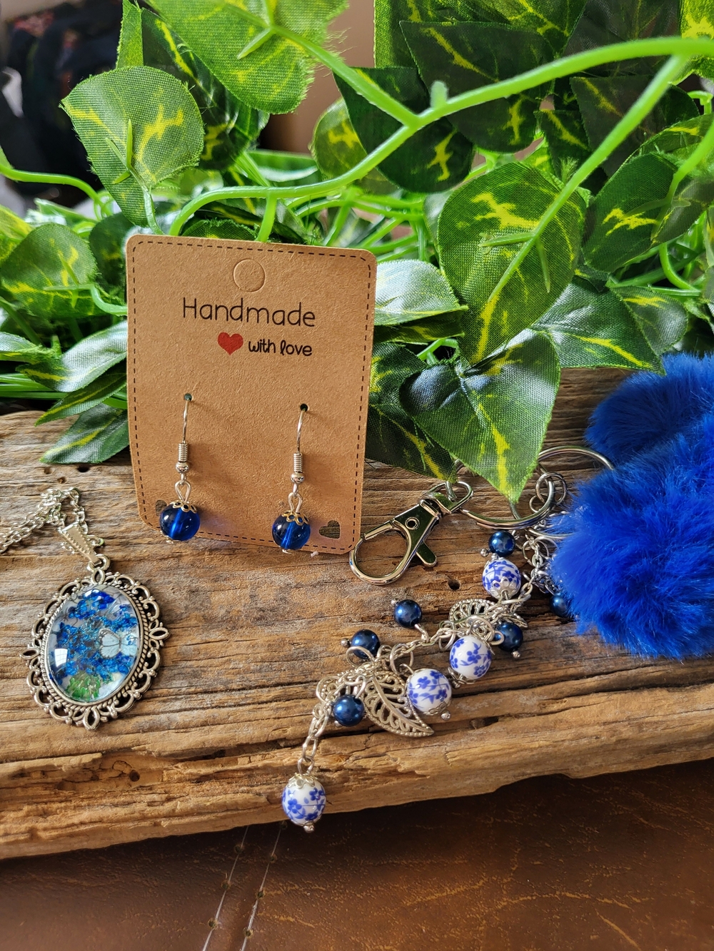 Blue Victorian Style Necklace Under Glass  W/ Earrings And Keychain Set